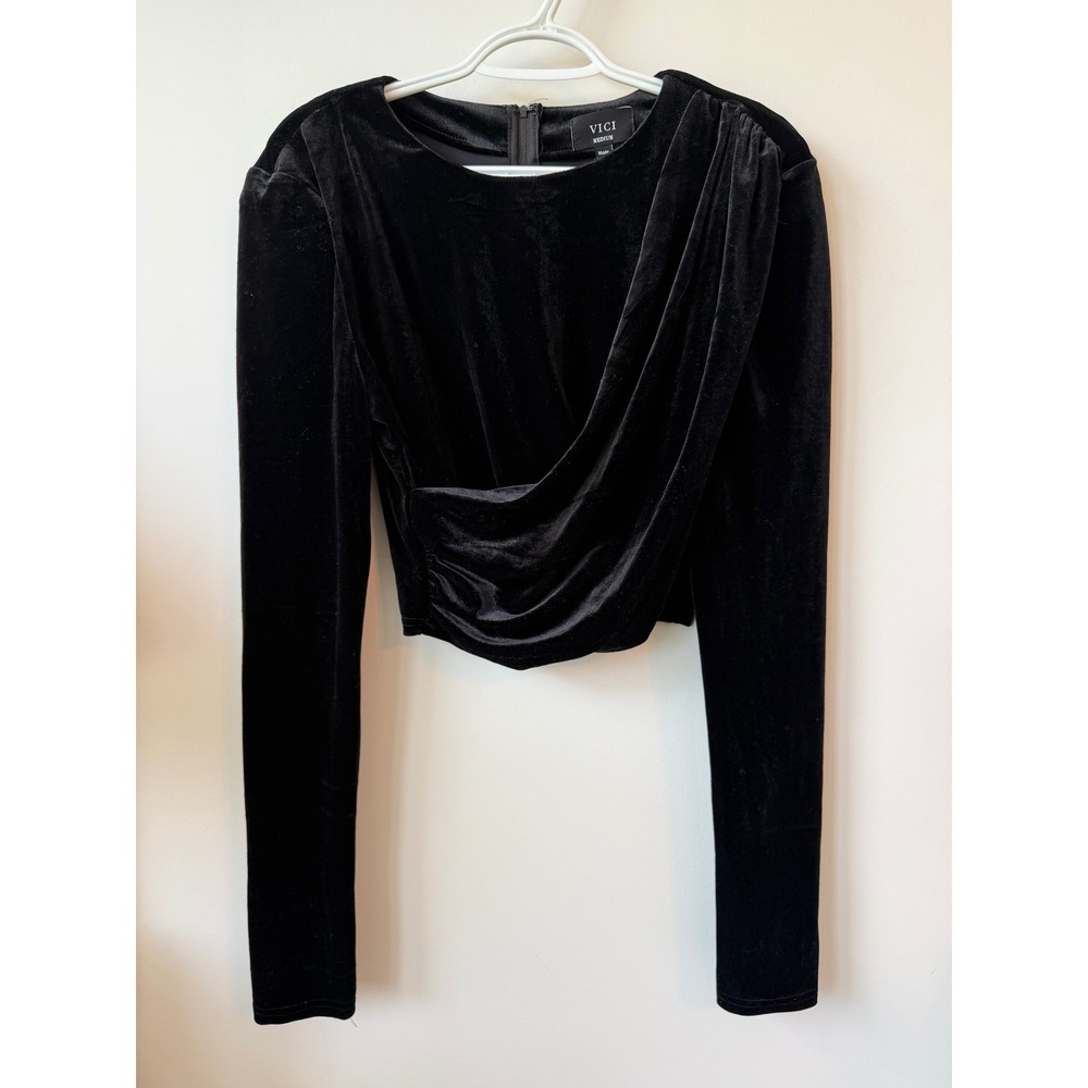 VICI Black Velvet Draped Wrap Front Long Sleeve Crop Top Medium Holiday Party